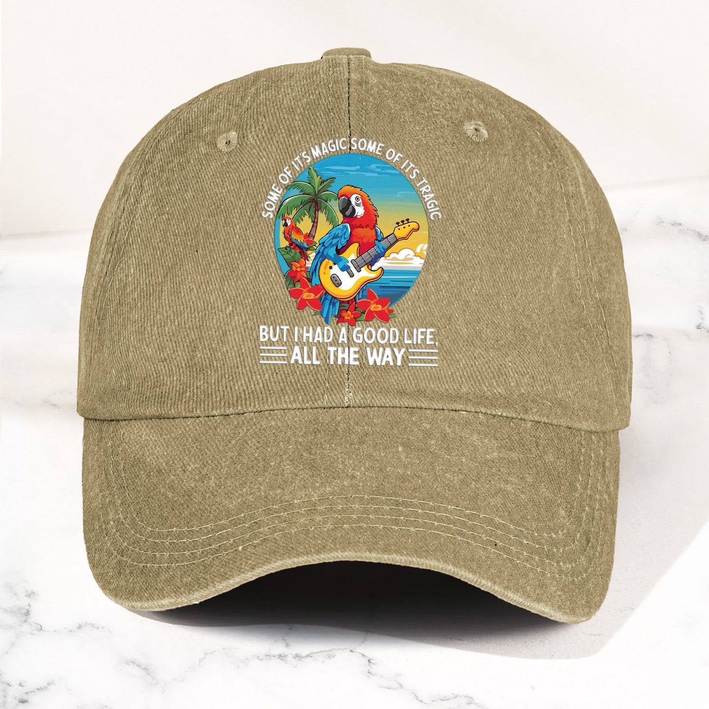 Tropical Parrot Denim Dad Cap – “I Had a Good Life All the Way” Island Music Vibes Hat (With BOX)