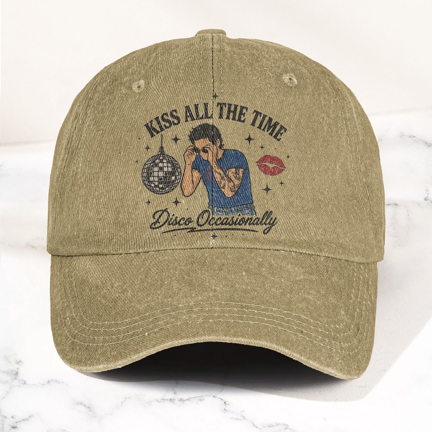 Kiss All The Time Disco Harry Styles Illustration Denim Cap – Retro Vintage Dad Cap Gift For Dad (With Box)
