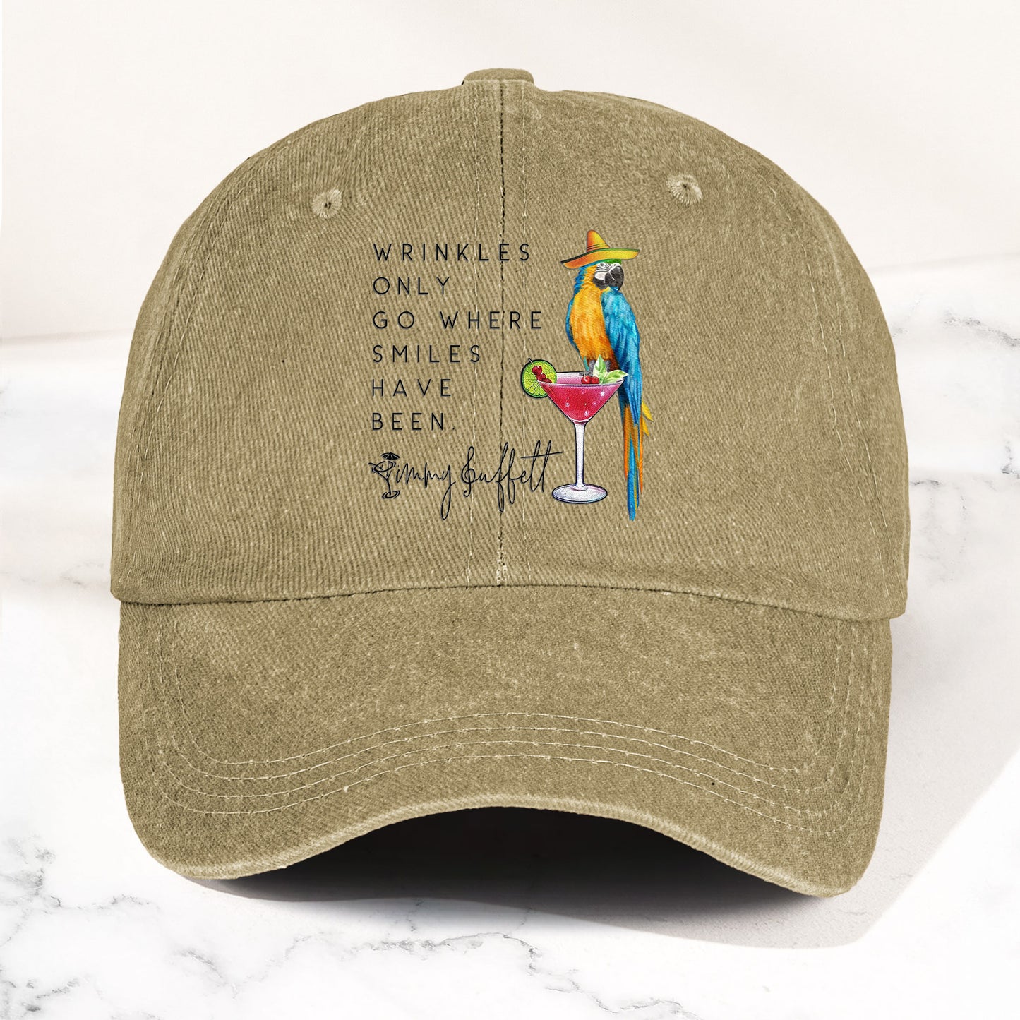 Jimmy Buffett Quote Denim Dad Cap – "Wrinkles Only Go Where Smiles Have Been"