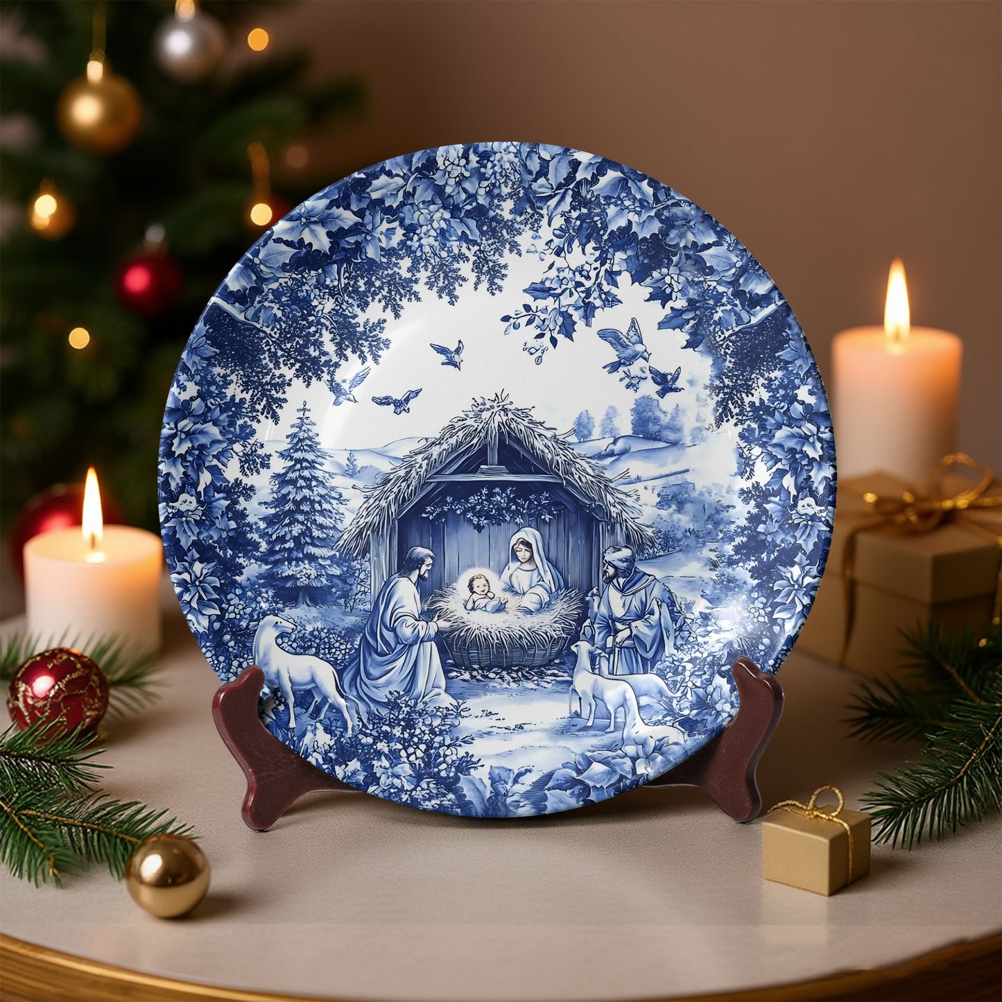 Christmas Nativity Collectible Ceramic Plate – Blue Winter Design