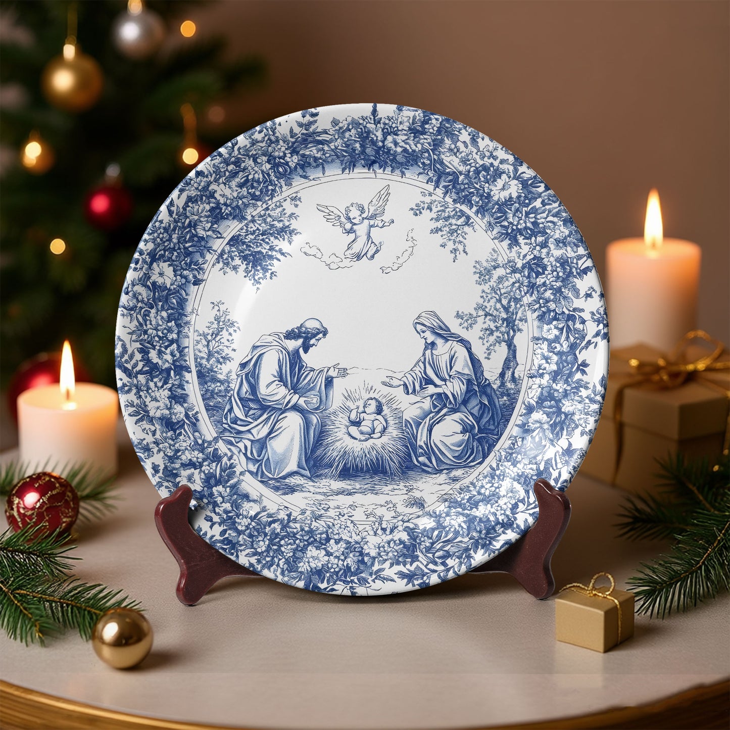 Nativity Scene Decorative Ceramic Plate – Blue & White Christmas Collectible