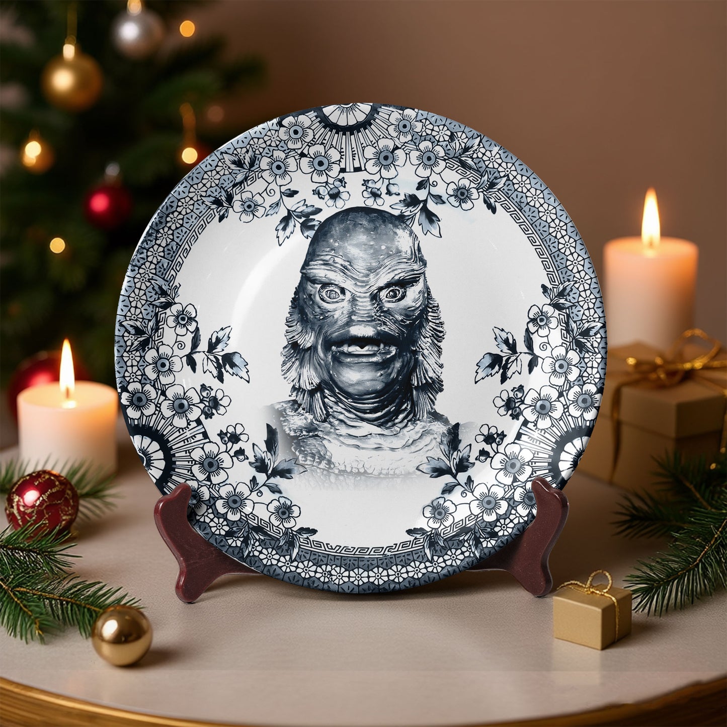 Gill-man Ceramic Plate – Classic Monster Floral Art Design