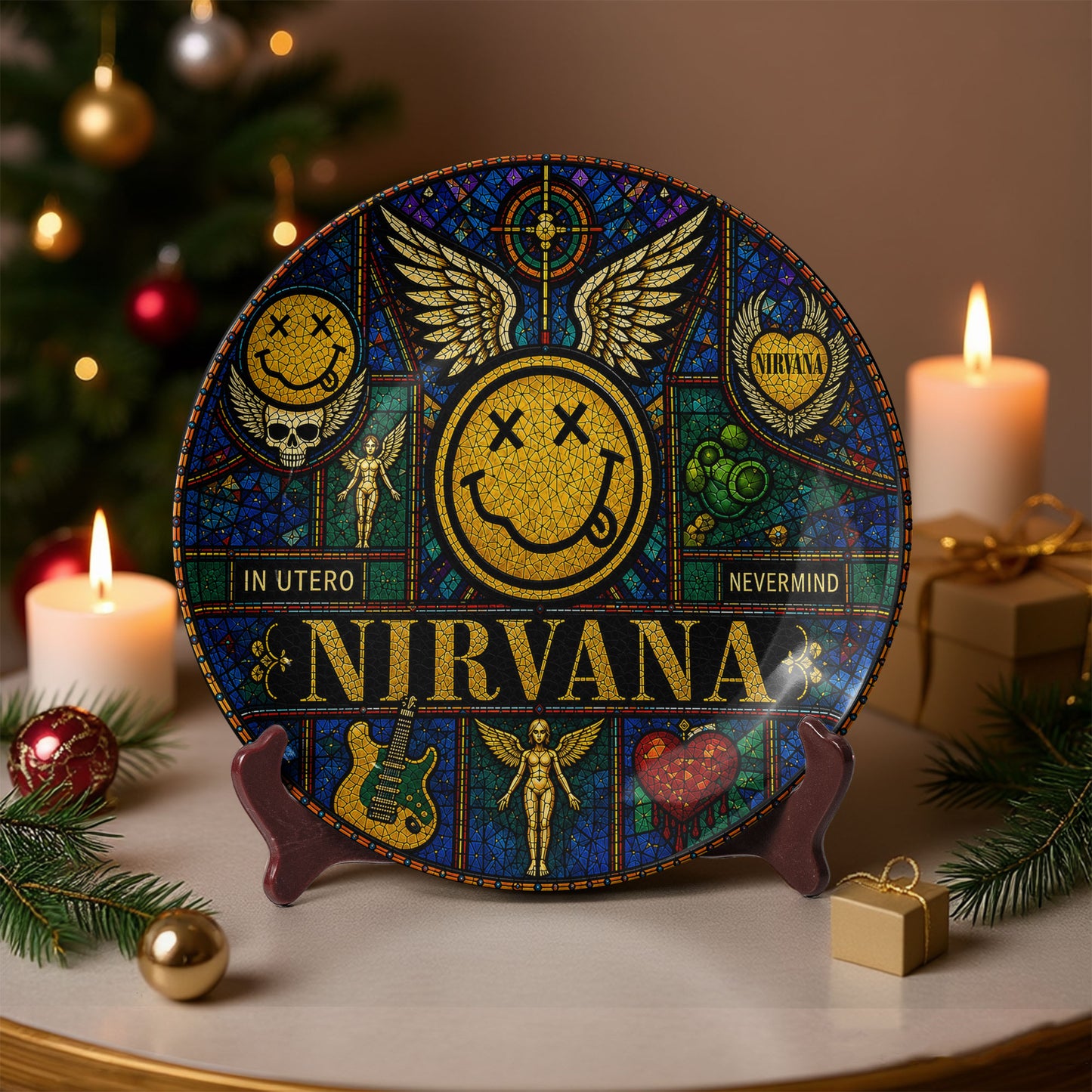 Nirvana Stained Glass Decorative Ceramic Plate – Nevermind & In Utero Inspired Music Collector Plate, Grunge Wall Art Gift for Fans