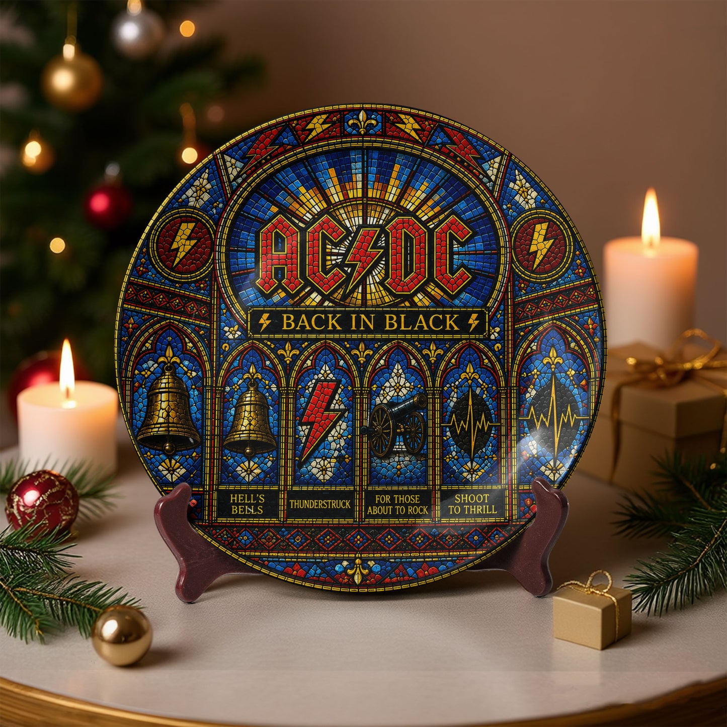 AC/DC Stained Glass Decorative Ceramic Plate – Back in Black Inspired Music Collector Plate, Rock Band Wall Art Gift for Fans