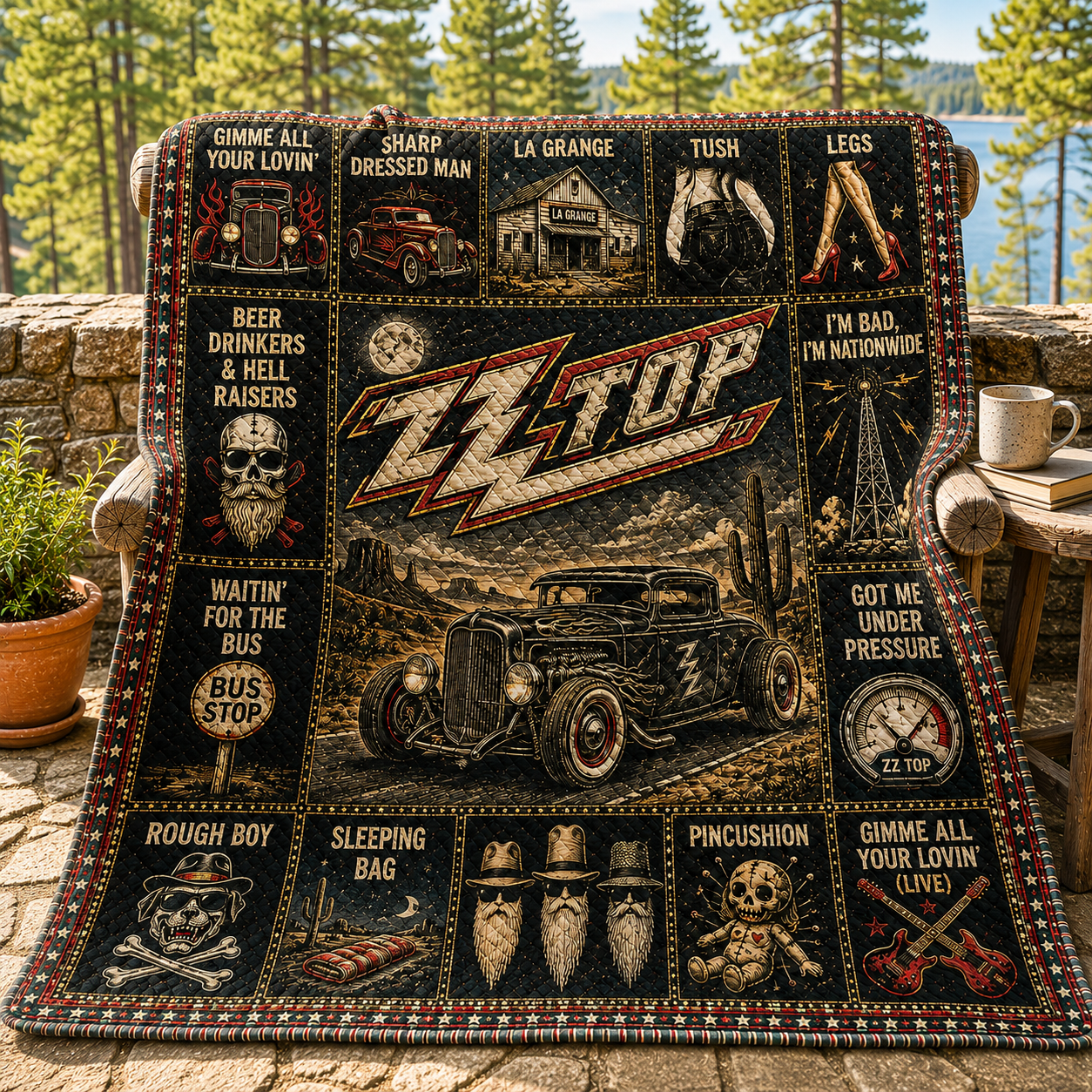ZZ Top Blues Rock Quilt Blanket – Eliminator Hot Rod Journey In Every Stitch