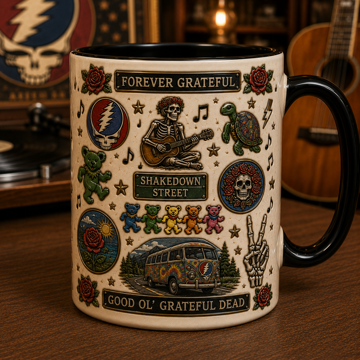 Grateful Dead Mug – Steal Your Face Coffee Cup, Dancing Bears & Roses Gift for Deadheads