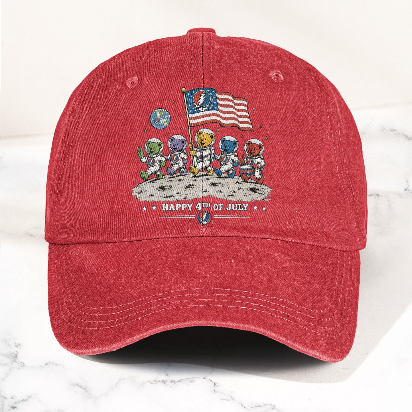 Grateful Dead Happy 4th Of July Dancing Bears Astronaut Patriotic Denim Cap – Retro Vintage Dad Cap Gift For Dad (With Box)