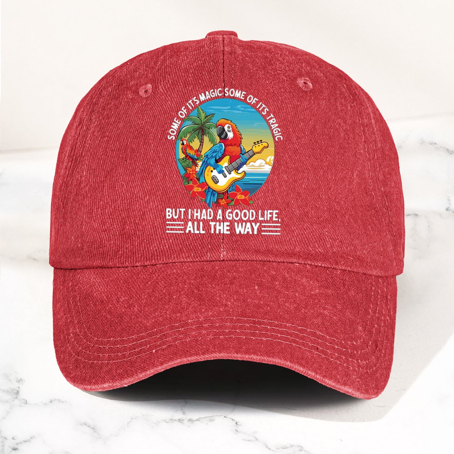 Tropical Parrot Denim Dad Cap – “I Had a Good Life All the Way” Island Music Vibes Hat (With BOX)