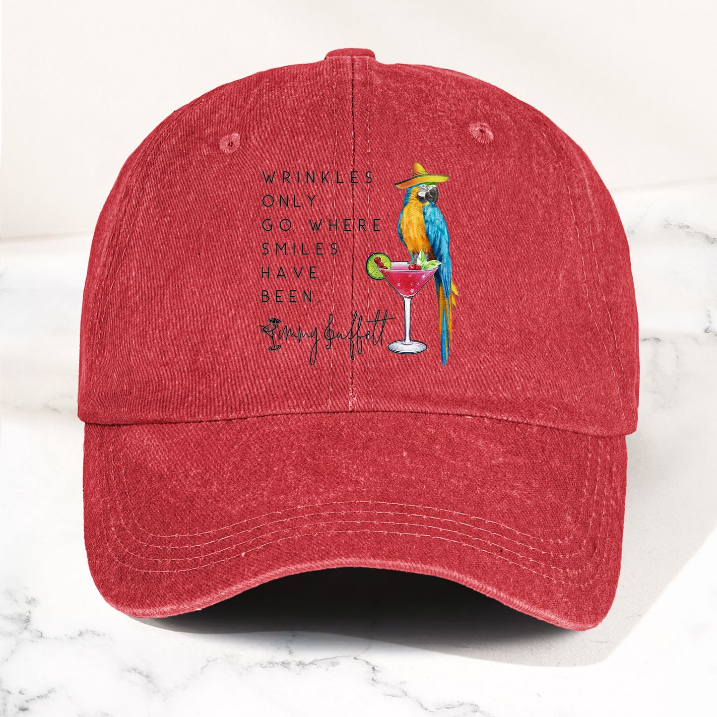 Jimmy Buffett Quote Denim Dad Cap – "Wrinkles Only Go Where Smiles Have Been"