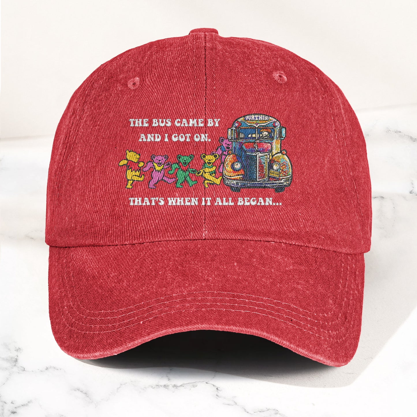 Grateful Dead Further Bus And Dancing Bears Denim Cap – Vintage Music Grateful Dead Merch Gift for Dad (With Box)