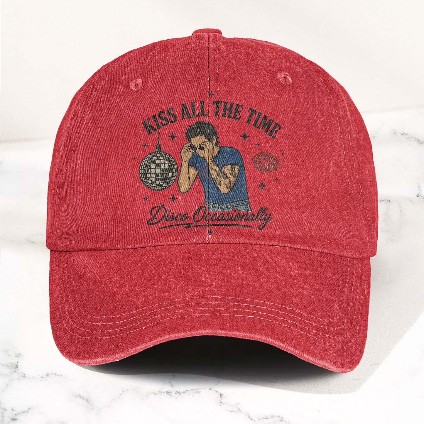 Kiss All The Time Disco Harry Styles Illustration Denim Cap – Retro Vintage Dad Cap Gift For Dad (With Box)