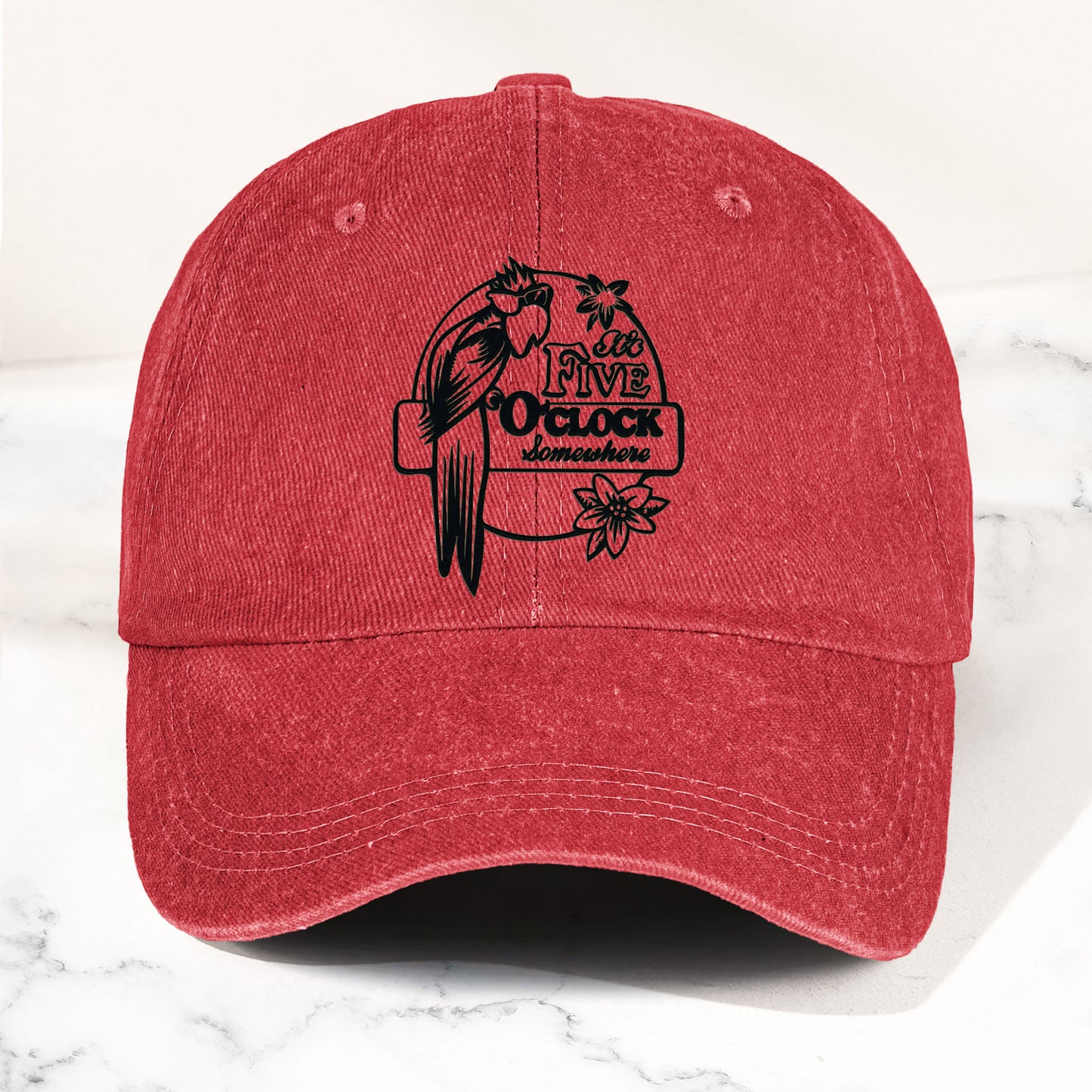 It’s Five O’Clock Somewhere Denim Dad Cap – Tropical Parrot Island Vibes Hat (With BOX)
