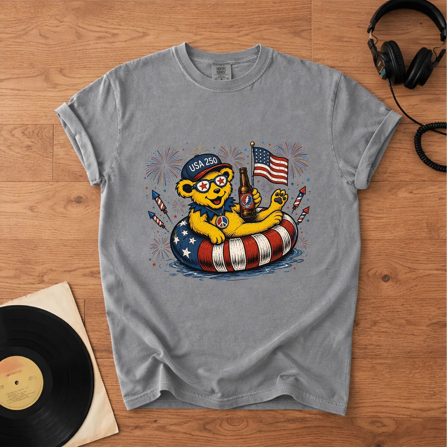 Grateful Dead USA 250 Fireworks Bear 4th of July Graphic T-Shirt – Retro Rock Music Fan Merch Tee