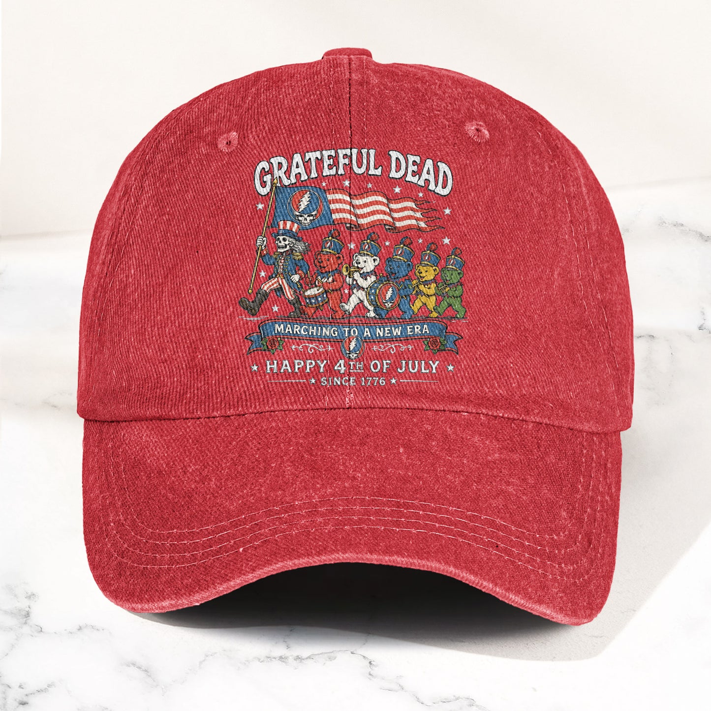 Grateful Dead Marching To A New Era Happy 4th Of July Patriotic Denim Cap – Retro Vintage Dad Cap Gift For Dad (With Box)