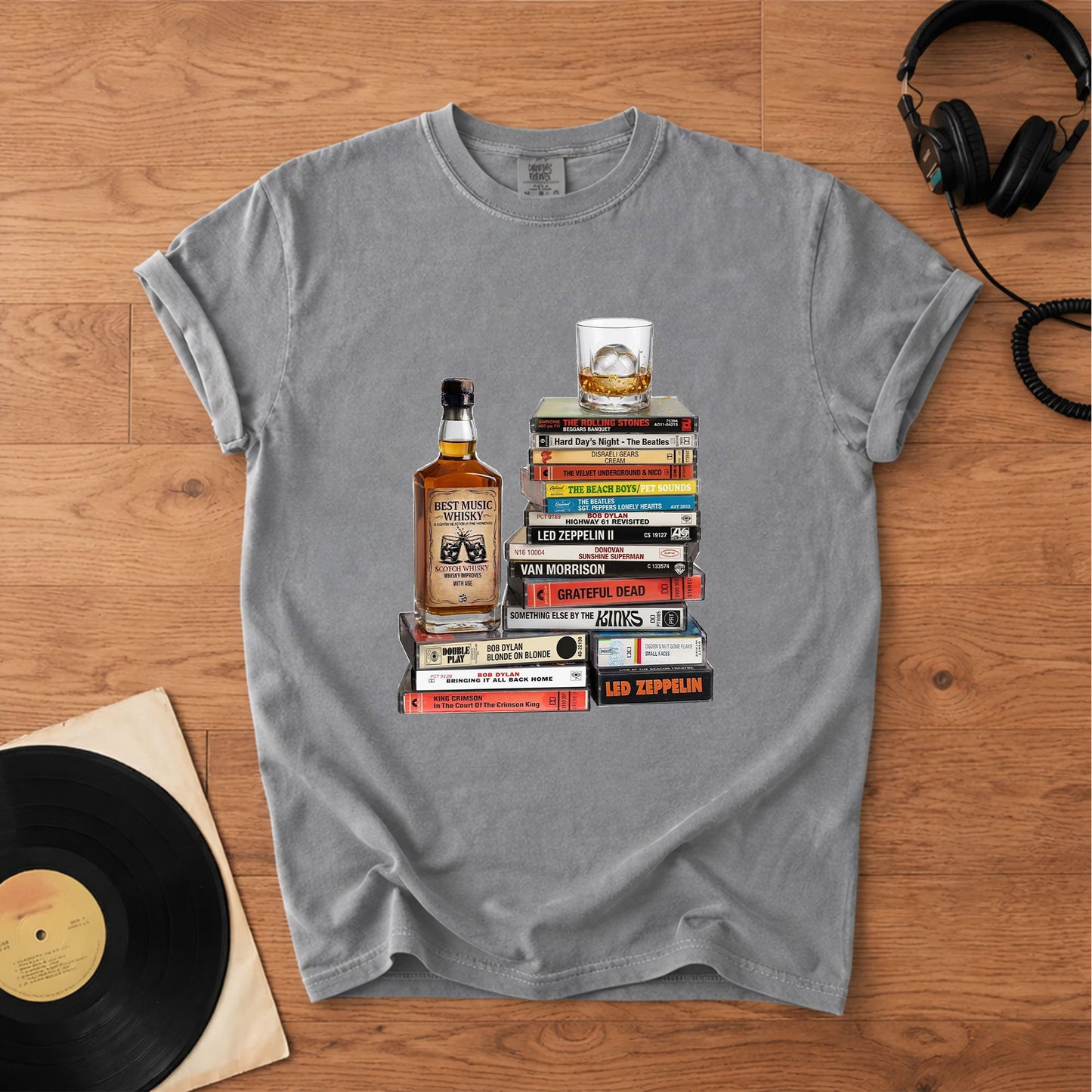 Classic Rock 1960s Cassette Album Collection T-Shirt – Vintage The Beatles The Rolling Stones Grateful Dead Led Zeppelin Tee