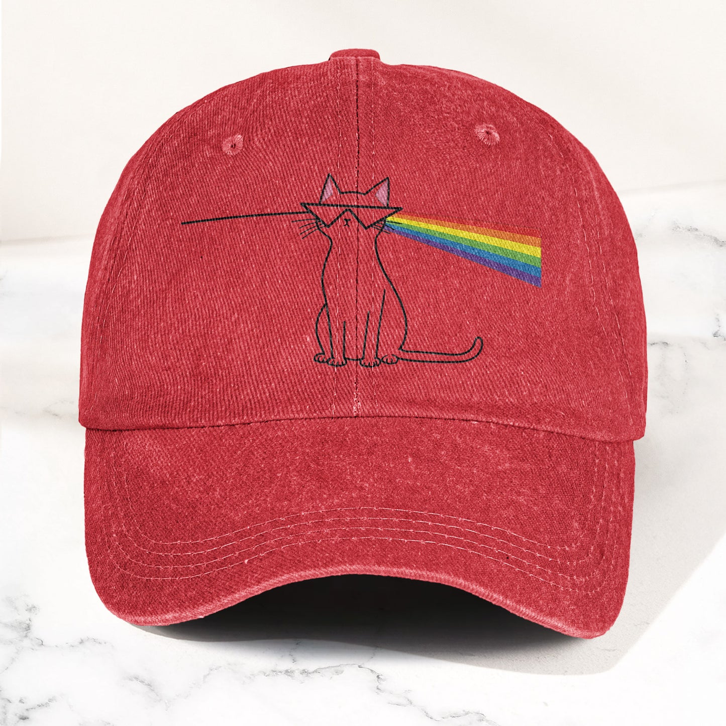 Pink Floyd Inspired Rainbow Prism Cat Pride Vintage Denim Cap – Retro Dad Cap (With Box)