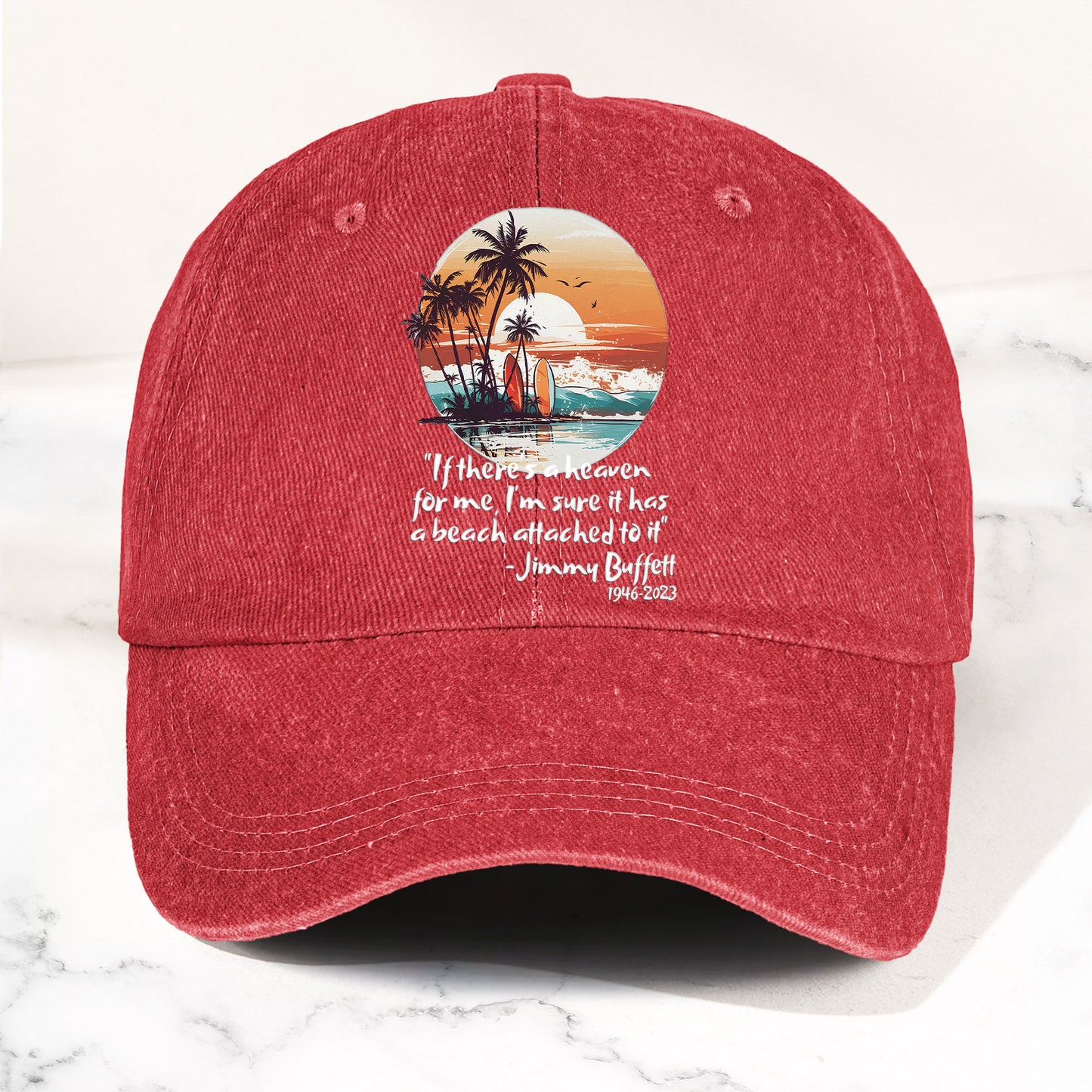 Jimmy Buffett Beach Quote Denim Dad Cap – Vintage Washed Tropical Hat