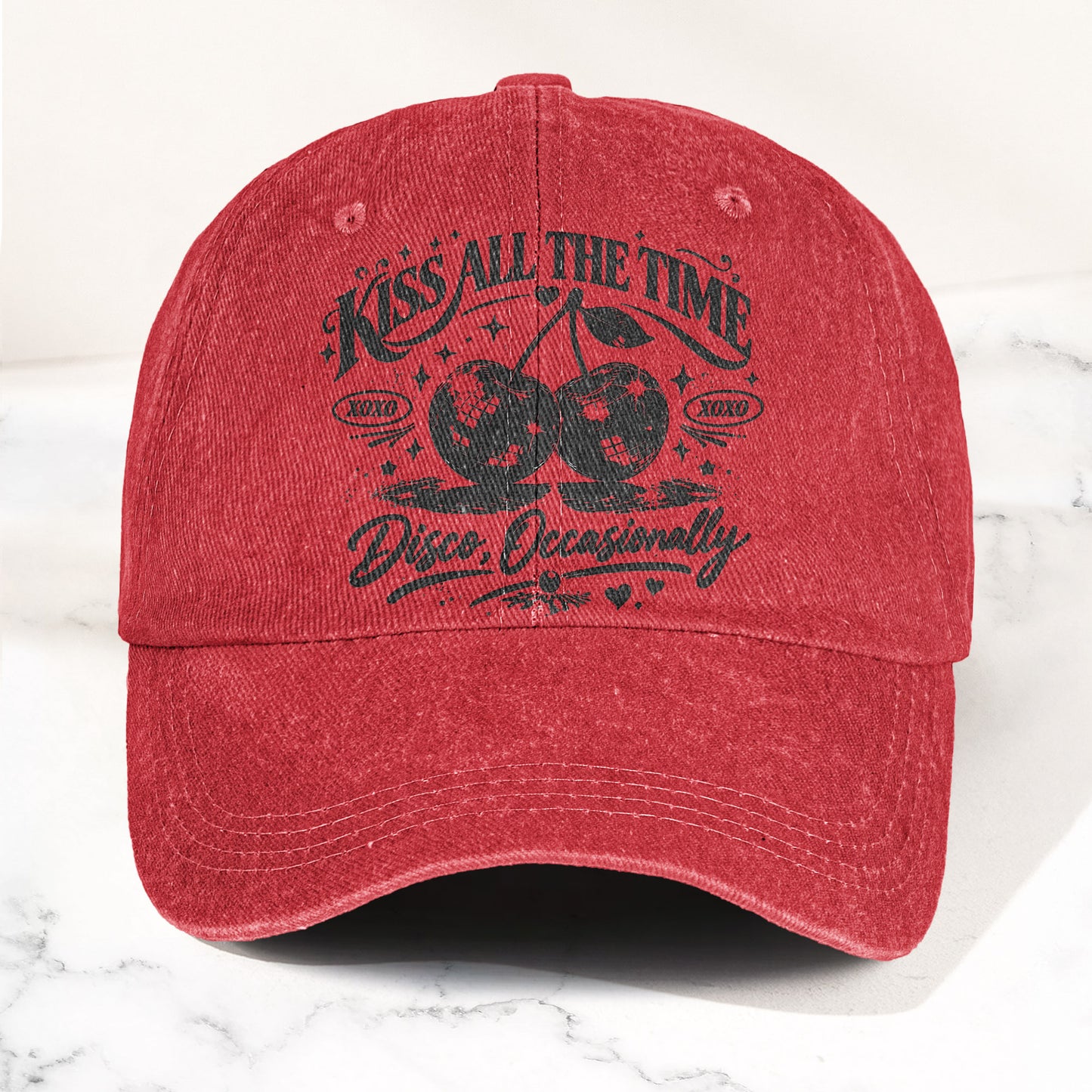 Harry Styles Illustration Merch Kiss All The Time Cherries Disco Ball Denim Cap – Retro Vintage Dad Cap Gift For Dad (With Box)