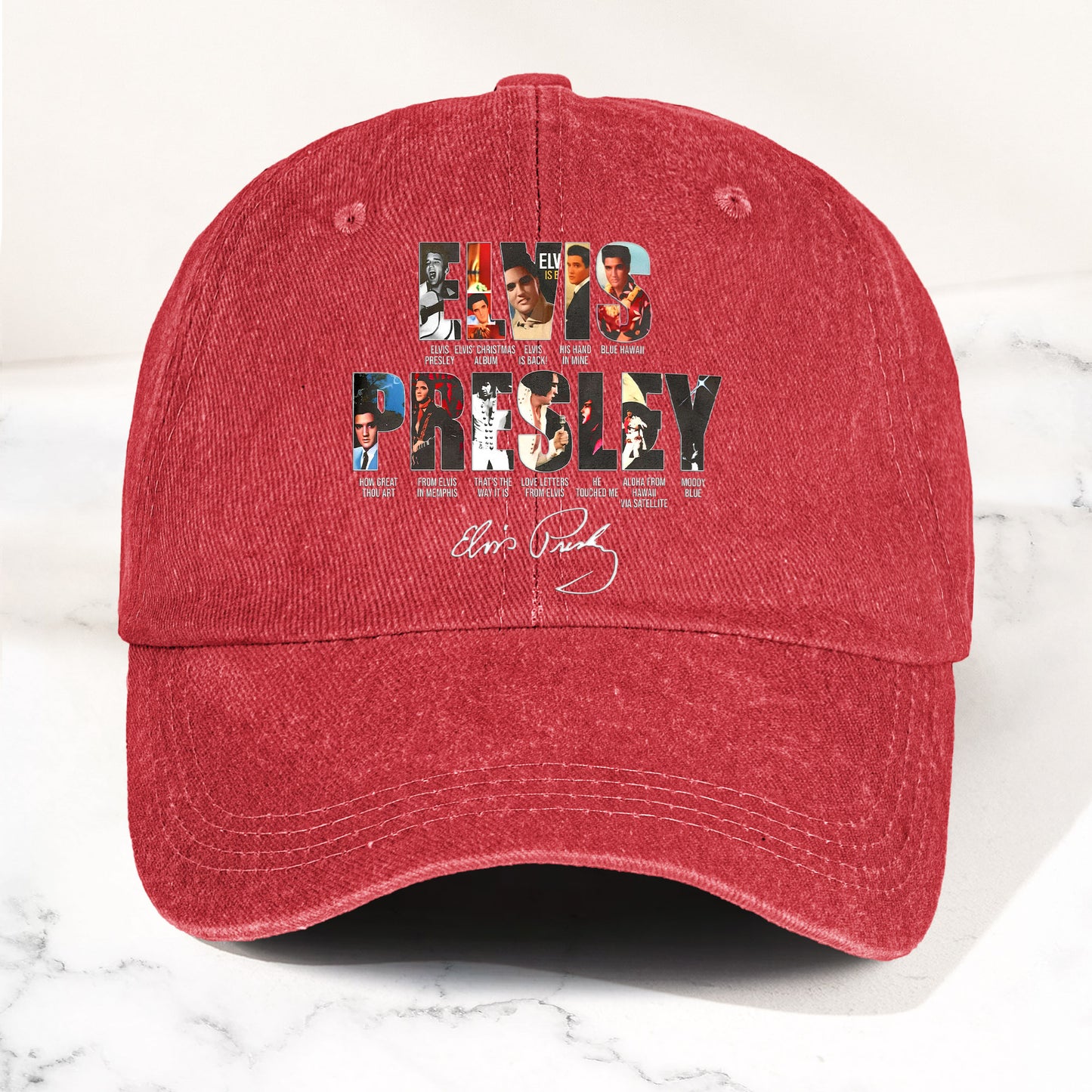 Elvis Presley Denim Dad Cap – Iconic Album Collage Design ( With BOX)