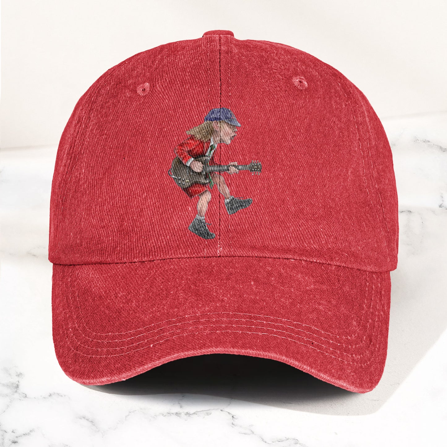 Angus Young In His Guitar Denim Dad Cap – Retro AC/DC Design (With BOX)