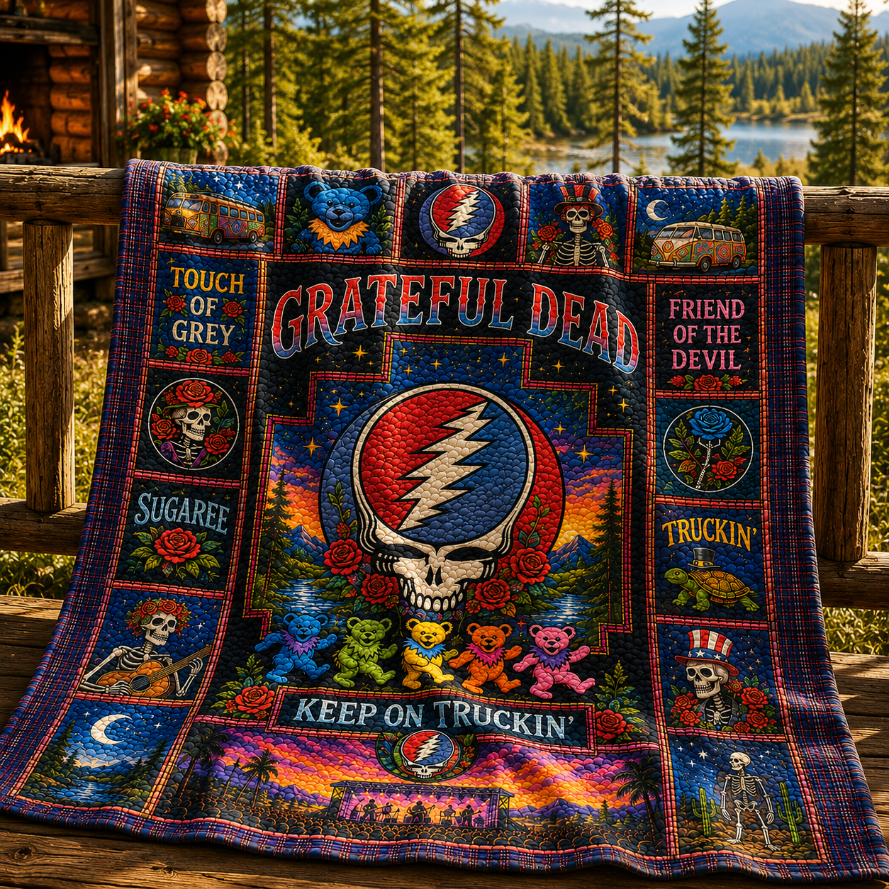 Grateful Dead Quilt Blanket - Steal Your Face Patchwork Bedding - Dancing Bears Music Fan Gift - Hippie Rock Cabin Quilt