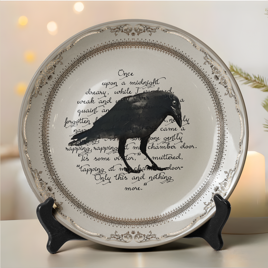 Edgar Allan Poe Raven Ceramic Plate – Midnight Gothic Poetry Décor