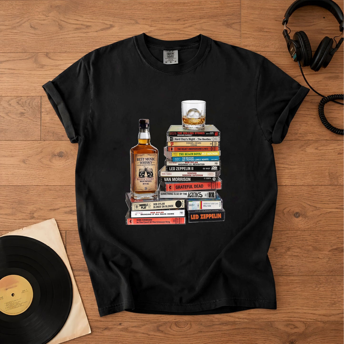 Classic Rock 1960s Cassette Album Collection T-Shirt – Vintage The Beatles The Rolling Stones Grateful Dead Led Zeppelin Tee