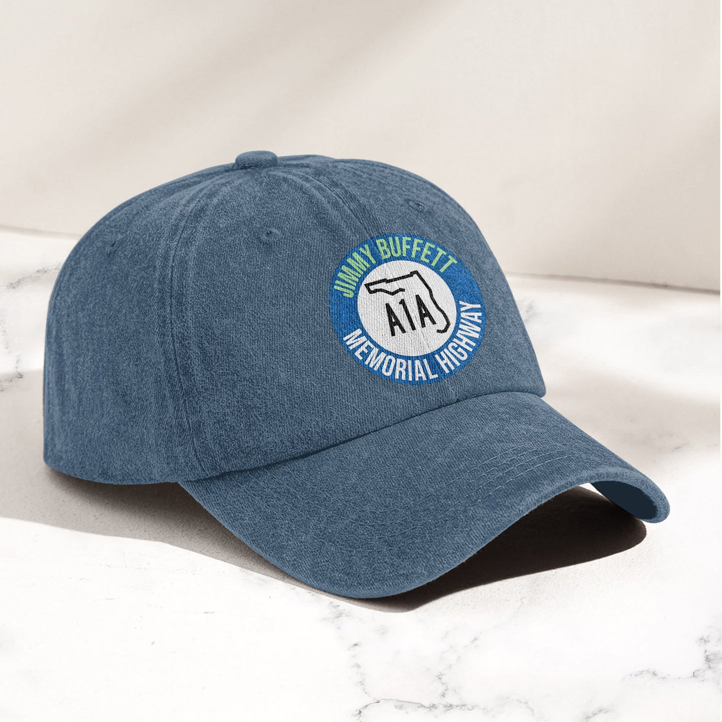 Jimmy Buffett A1A Memorial Highway Denim Cap – Retro Jimmy Buffett Tribute Dad Hat (With Box)