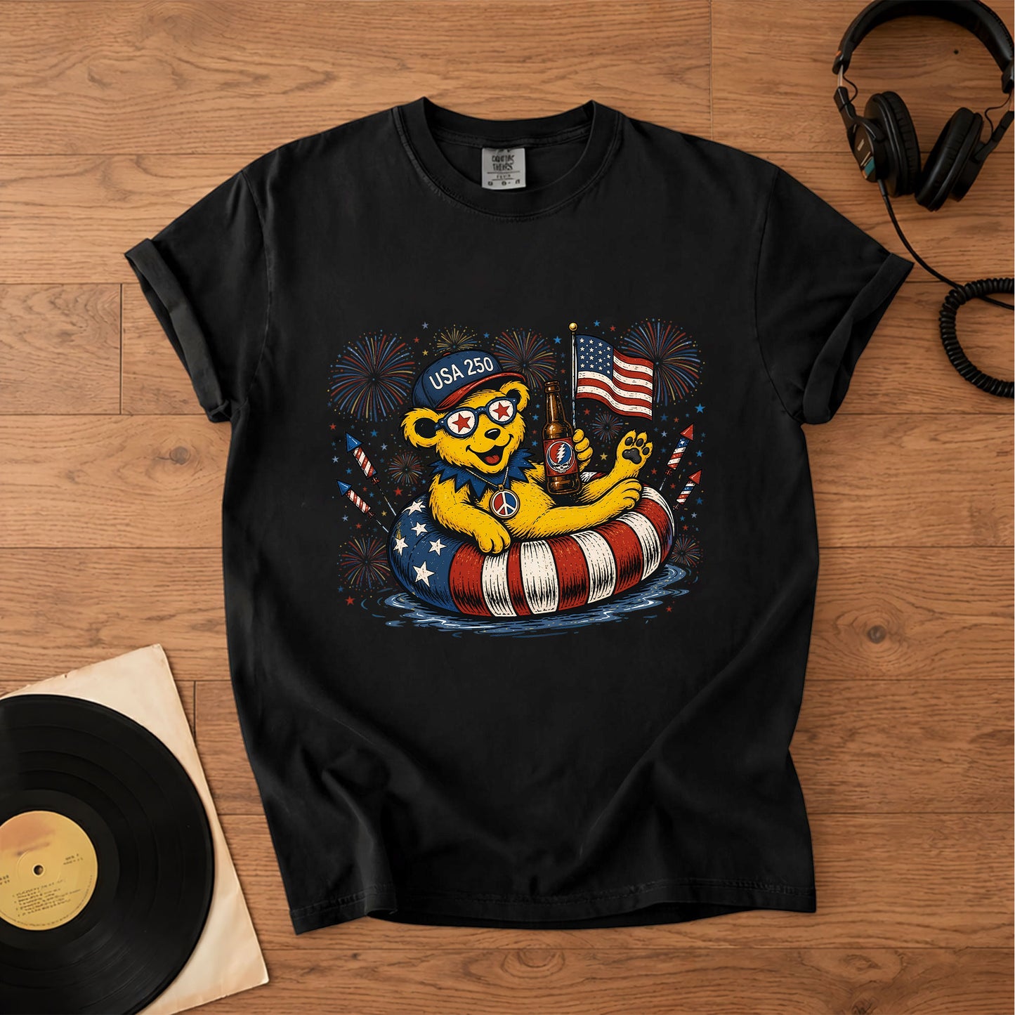 Grateful Dead USA 250 Fireworks Bear 4th of July Graphic T-Shirt – Retro Rock Music Fan Merch Tee