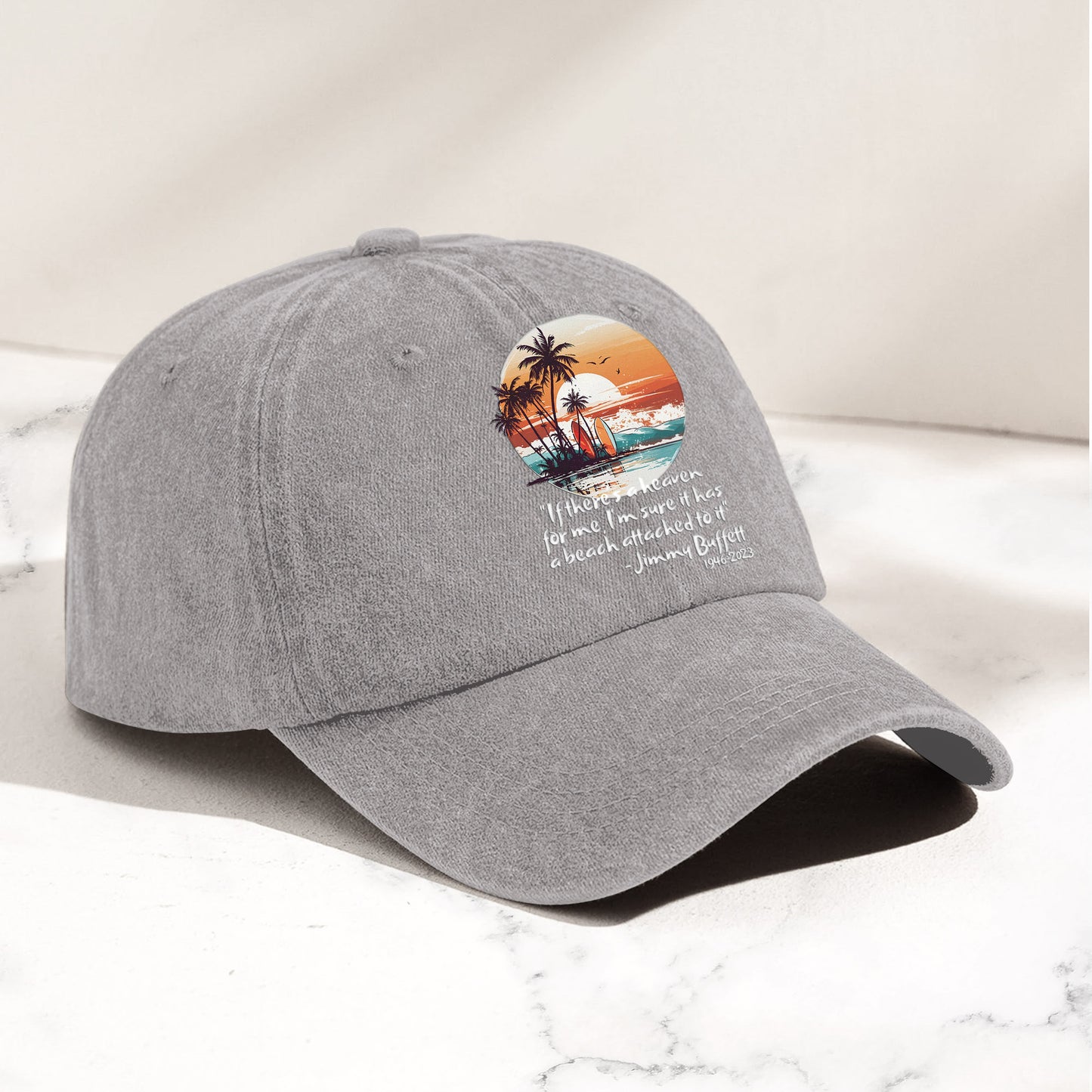 Jimmy Buffett Beach Quote Denim Dad Cap – Vintage Washed Tropical Hat