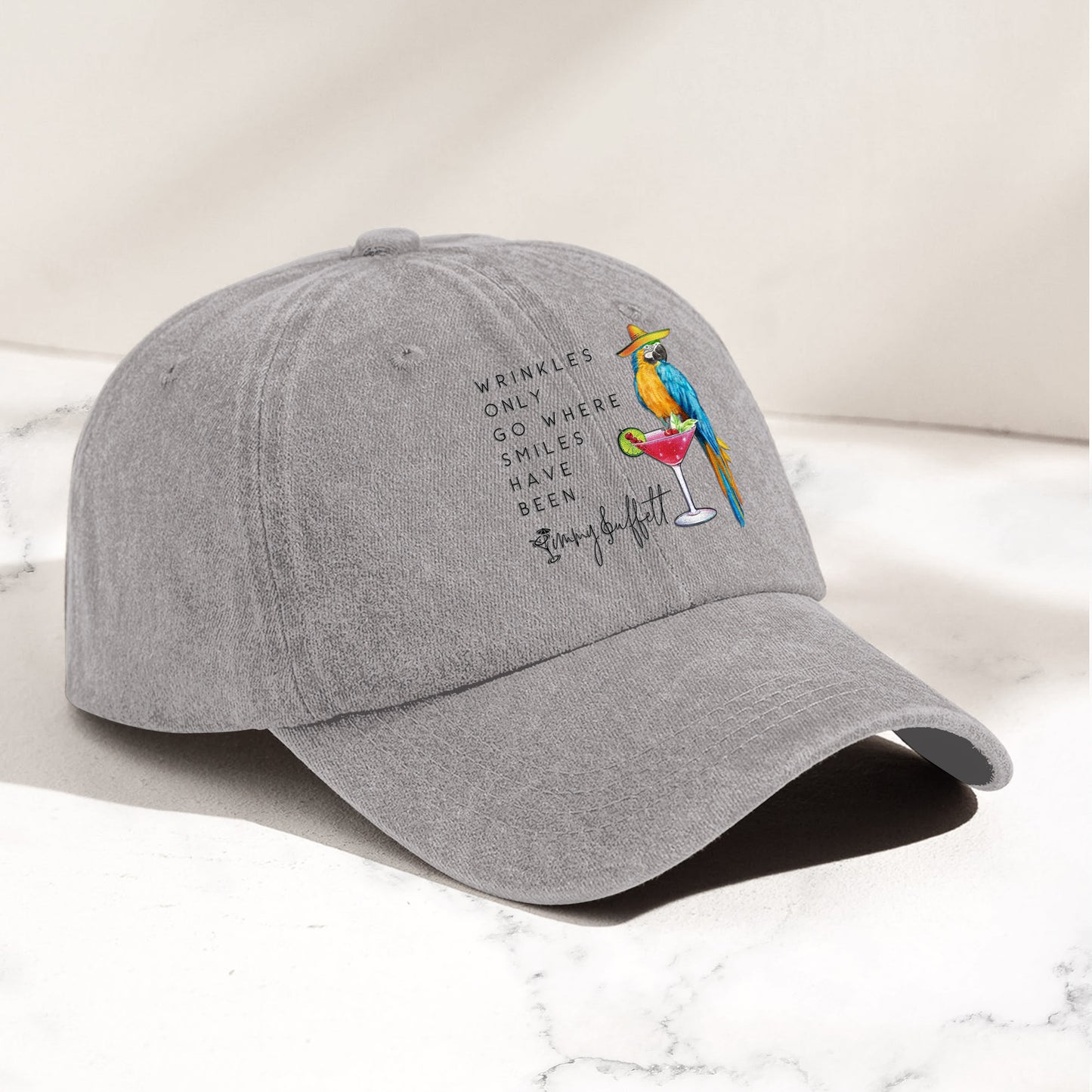 Jimmy Buffett Quote Denim Dad Cap – "Wrinkles Only Go Where Smiles Have Been"