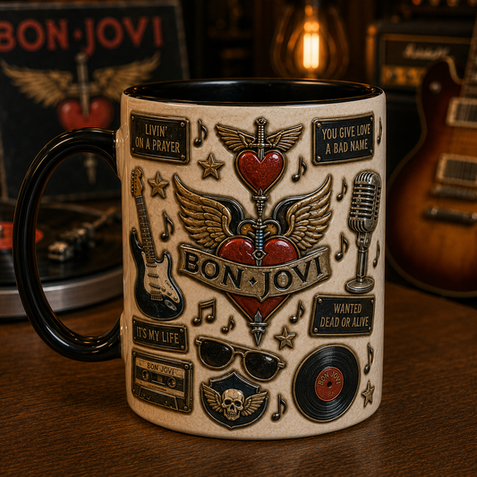 Bon Jovi Mug – Livin’ on a Prayer & It’s My Life Rock Band Ceramic Coffee Mug Gift