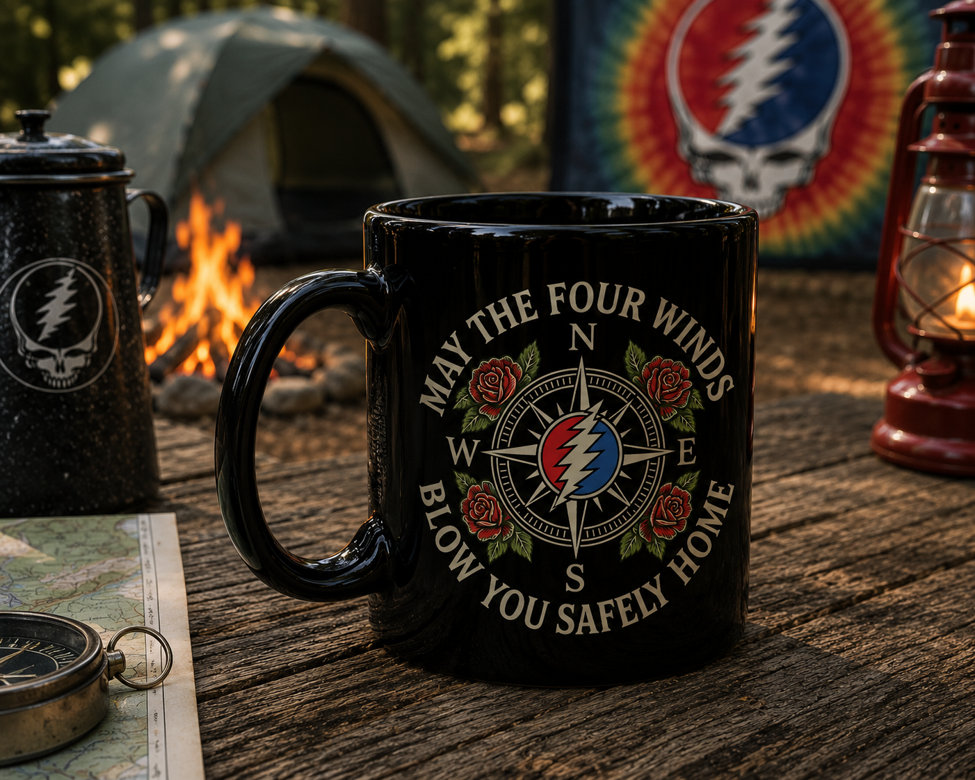 Grateful Dead Accent Mug – May The Four Winds Blow You Safely Home Camping Coffee Cup Gift