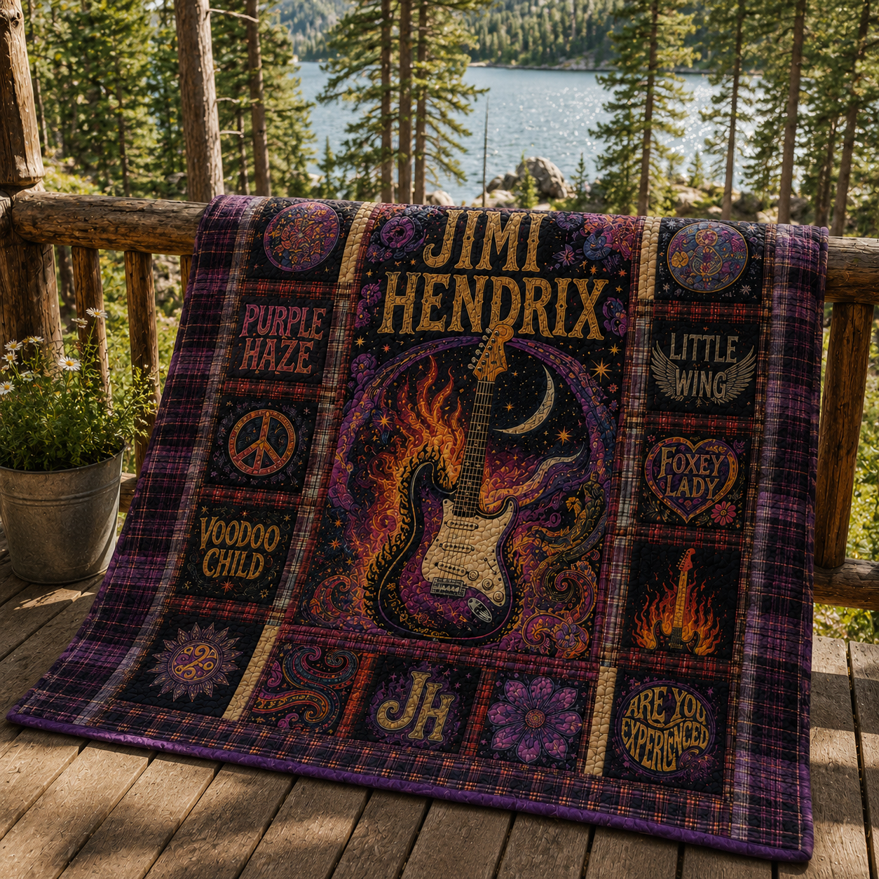 Jimi Hendrix Quilt Blanket – Vintage Guitar Patchwork Sherpa Throw, Purple Haze Music Bedding, Rock Fan Gift, Cozy Bed Blanket