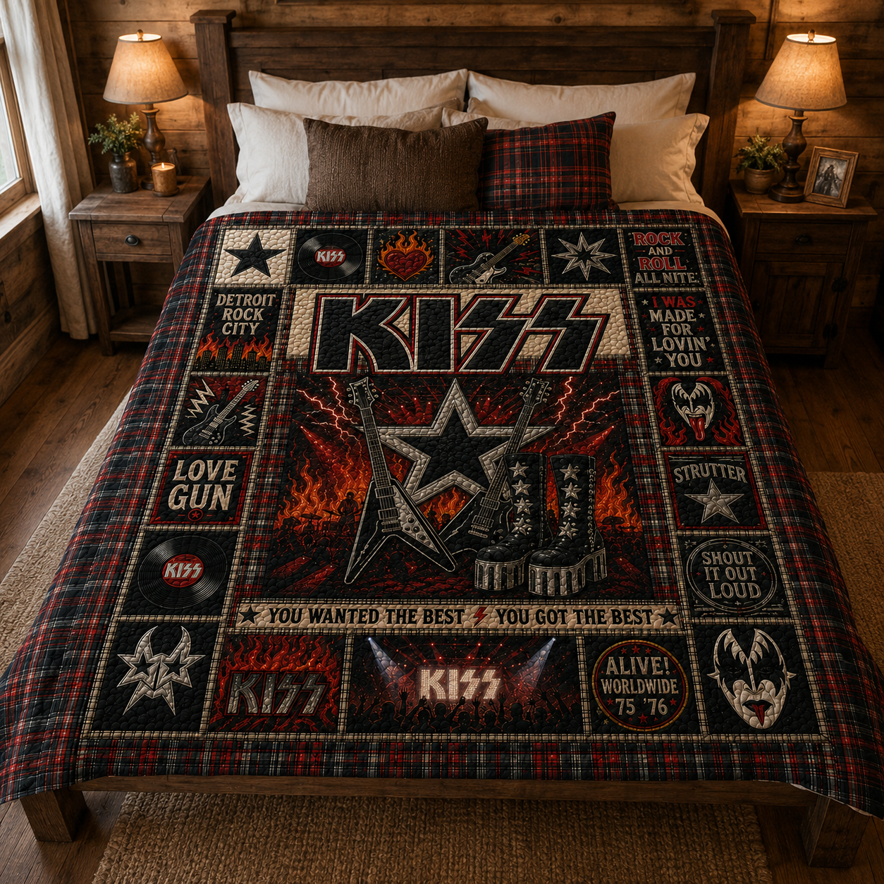 KISS Quilt Blanket – Vintage Rock Band Sherpa Throw, Patchwork Guitar Bedding, Classic Rock Fan Gift, Cozy Music Blanket