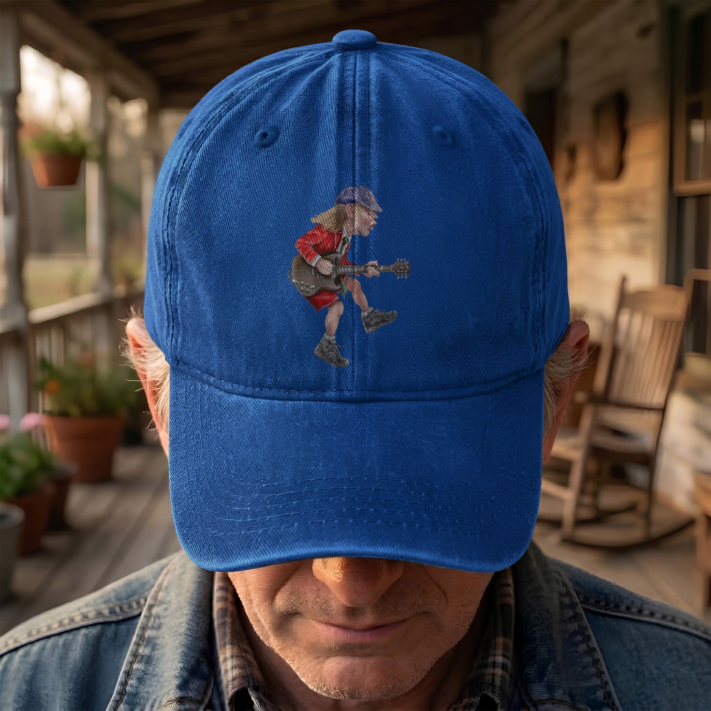 Angus Young In His Guitar Denim Dad Cap – Retro AC/DC Design (With BOX)