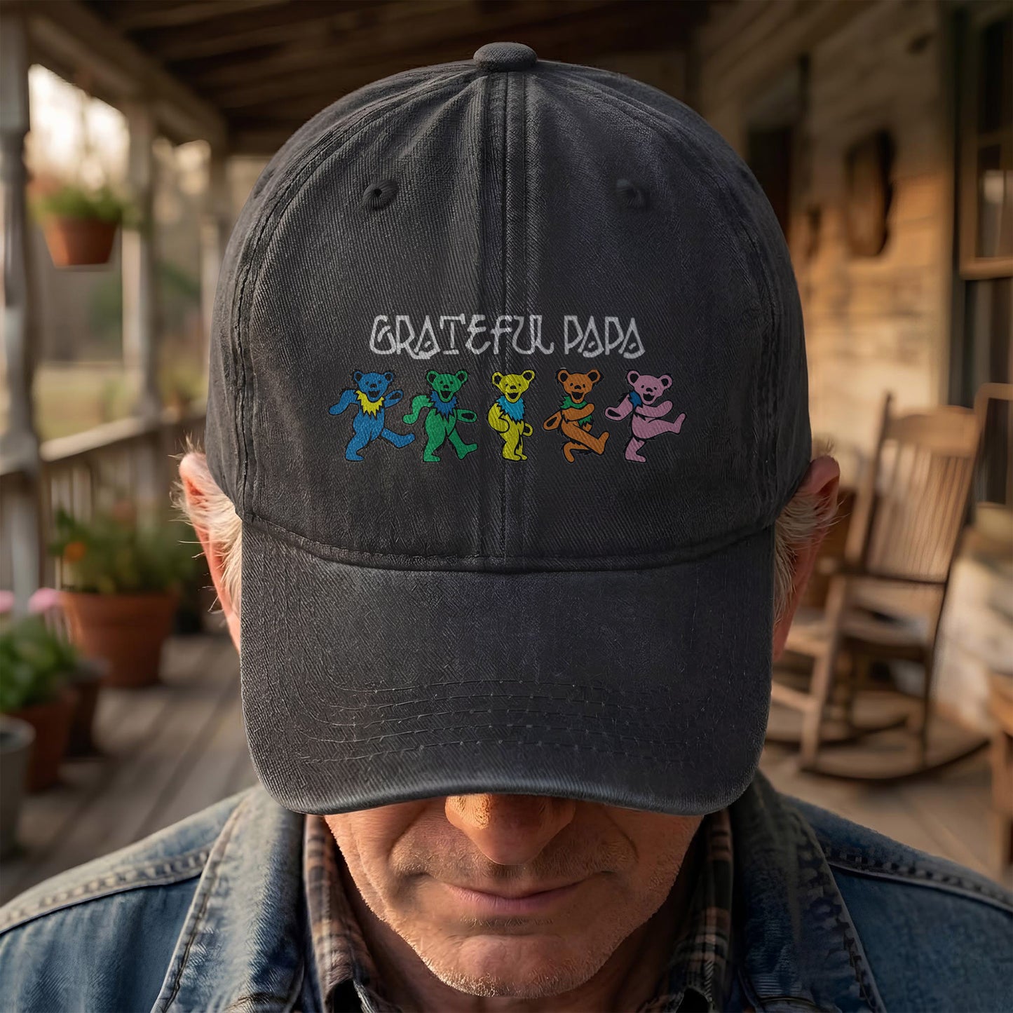 Grateful Papa Dancing Bears Denim Cap – Vintage Music Grateful Dead Merch Gift for Dad (With Box)