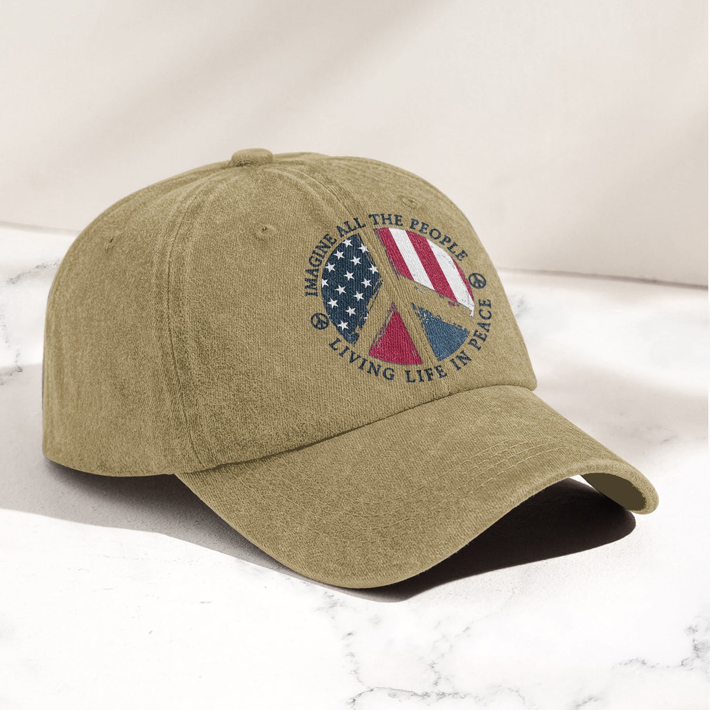 John Lennon Imagine All The People Living Life In Peace Sign American Flag Denim Cap – Retro Vintage Dad Cap Gift For Dad (With Box)