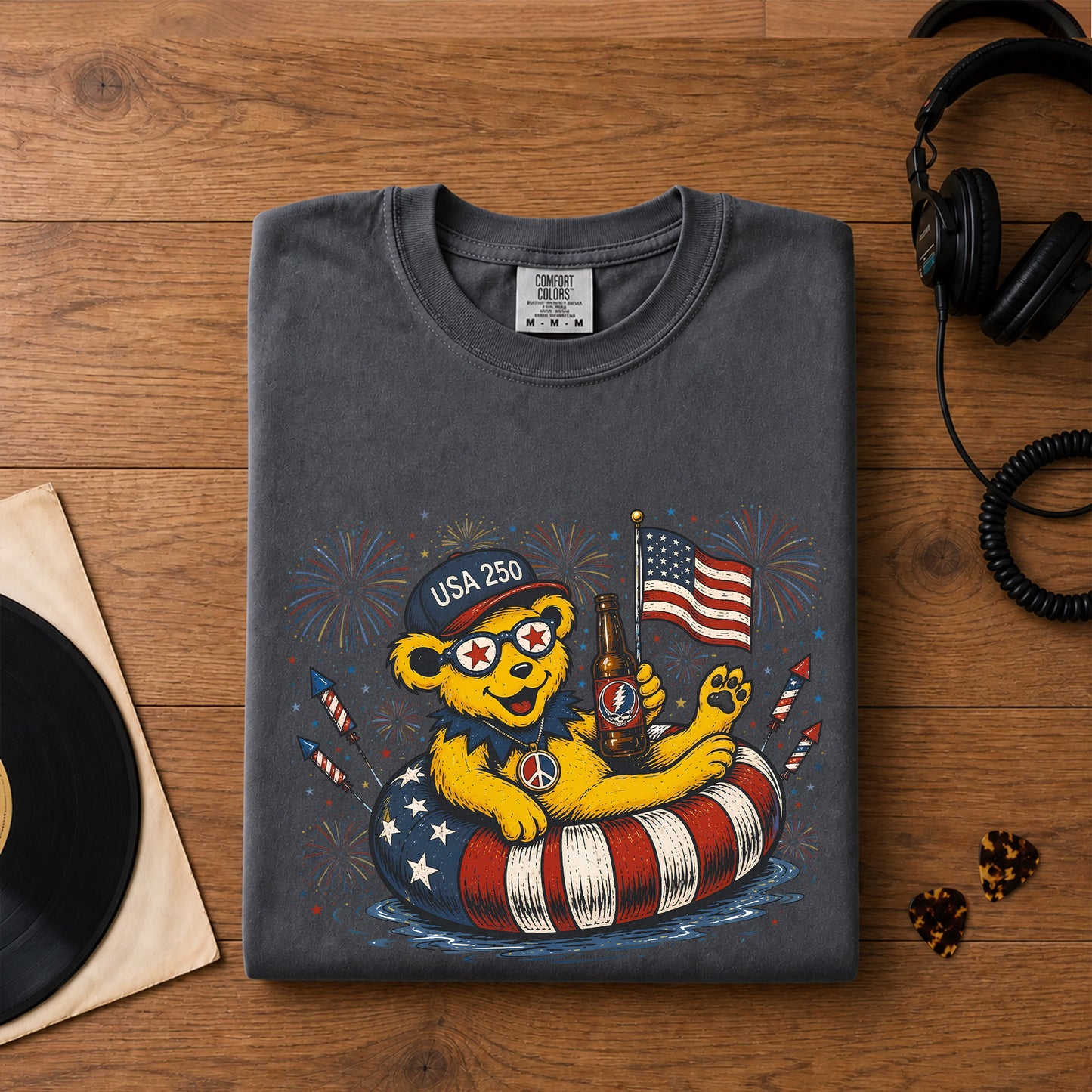Grateful Dead USA 250 Fireworks Bear 4th of July Graphic T-Shirt – Retro Rock Music Fan Merch Tee