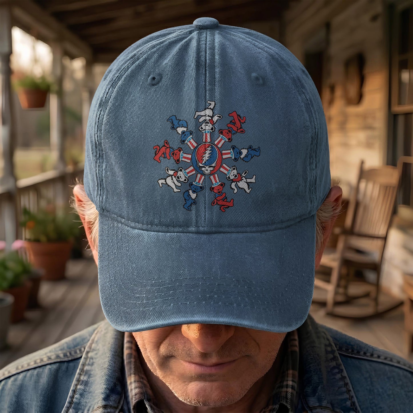 Grateful Dead Steal Your Face Dancing Bear Denim Cap – Vintage Music Grateful Dead Merch Gift for Dad (With Box)