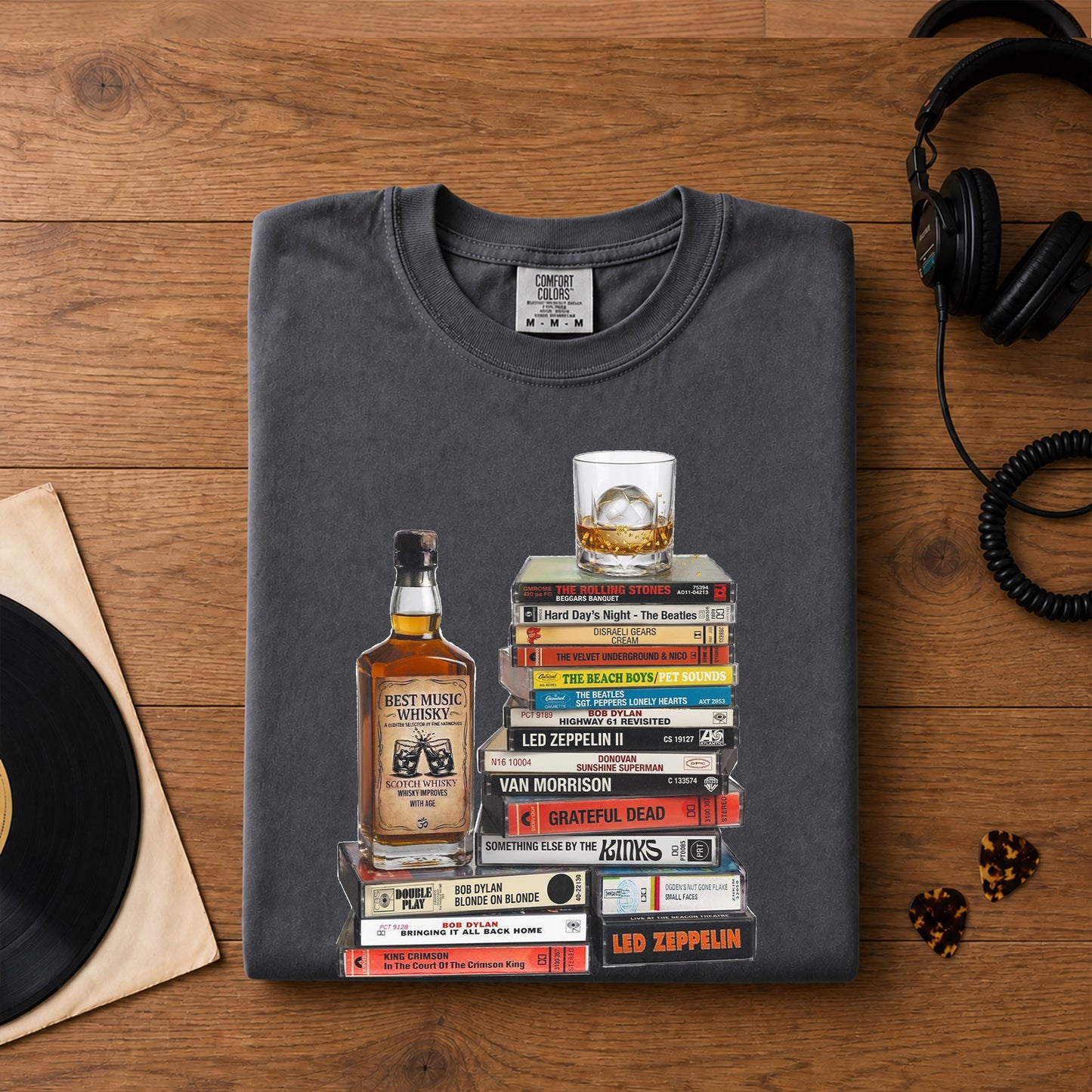 Classic Rock 1960s Cassette Album Collection T-Shirt – Vintage The Beatles The Rolling Stones Grateful Dead Led Zeppelin Tee