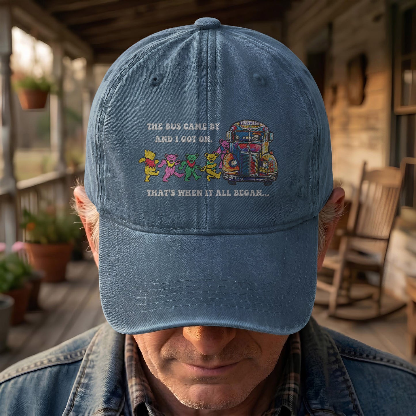 Grateful Dead Further Bus And Dancing Bears Denim Cap – Vintage Music Grateful Dead Merch Gift for Dad (With Box)