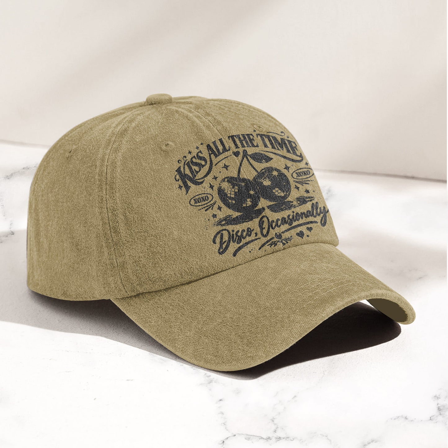 Harry Styles Illustration Merch Kiss All The Time Cherries Disco Ball Denim Cap – Retro Vintage Dad Cap Gift For Dad (With Box)
