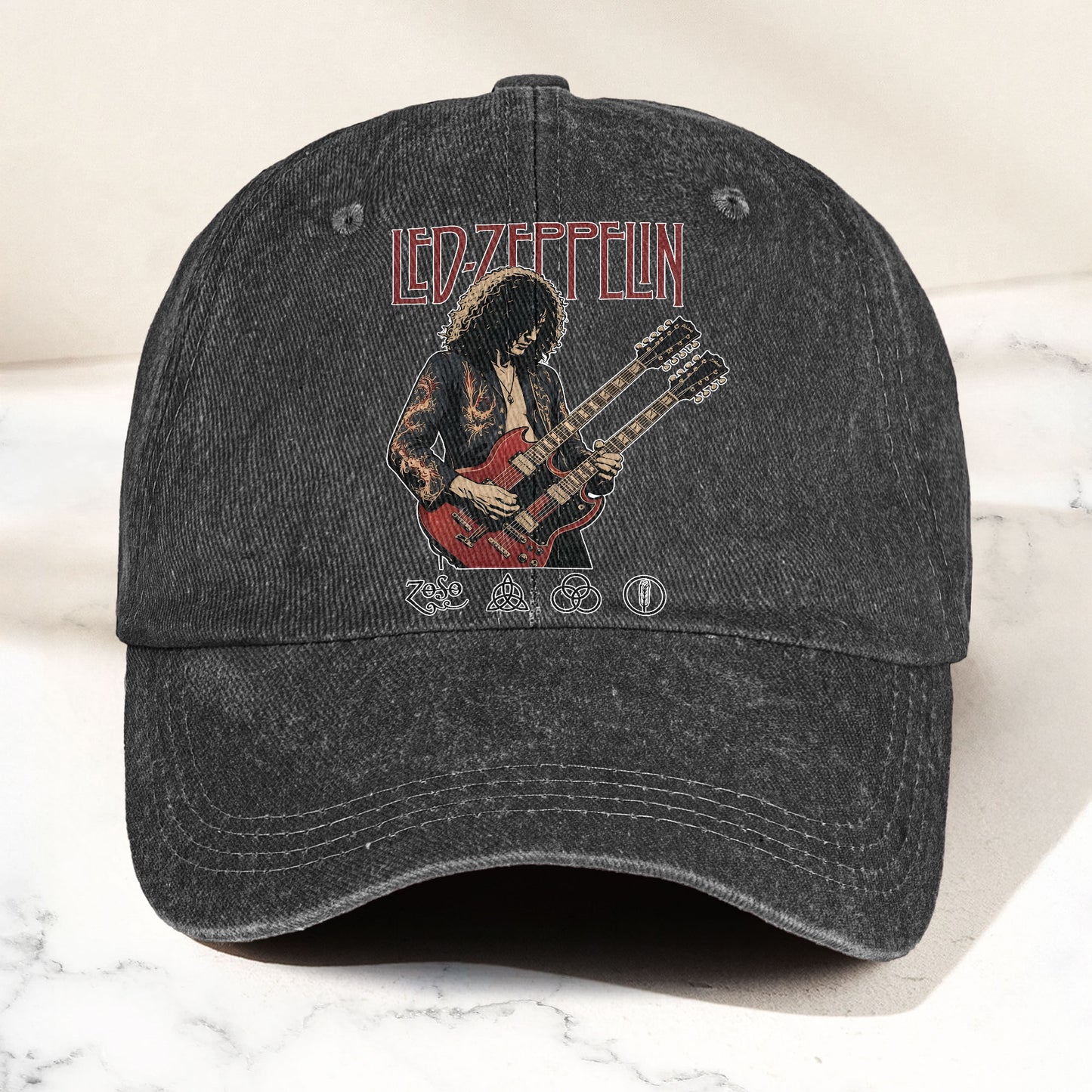 Led Zeppelin Jimmy Page Double Neck Guitar Zoso Music Merch Denim Cap – Retro Vintage Dad Cap Gift For Dad (With Box)