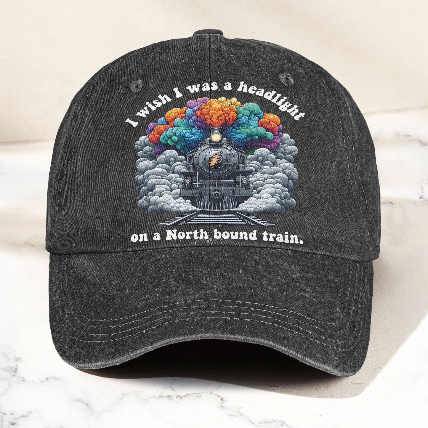 Grateful Dead I Know You Rider Headlight North Bound Train Denim Cap – Retro Vintage Dad Cap Gift For Dad (With Box)