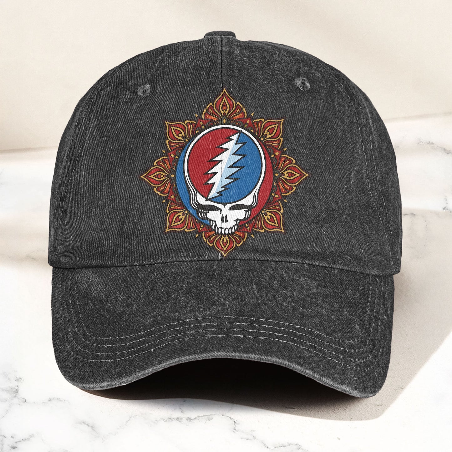 Grateful Dead Steal Your Face Mandala Lightning Skull Denim Cap – Retro Vintage Dad Cap Gift For Dad (With Box)