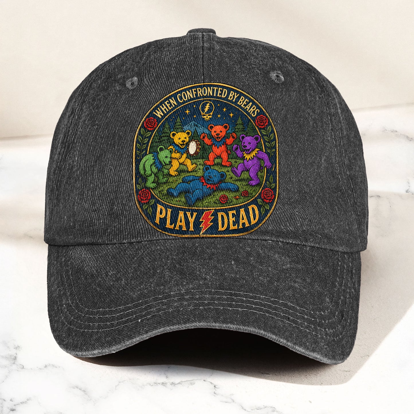 Grateful Dead When Confronted By Bears Dancing Bears Denim Cap – Retro Vintage Dad Cap Gift For Dad (With Box)