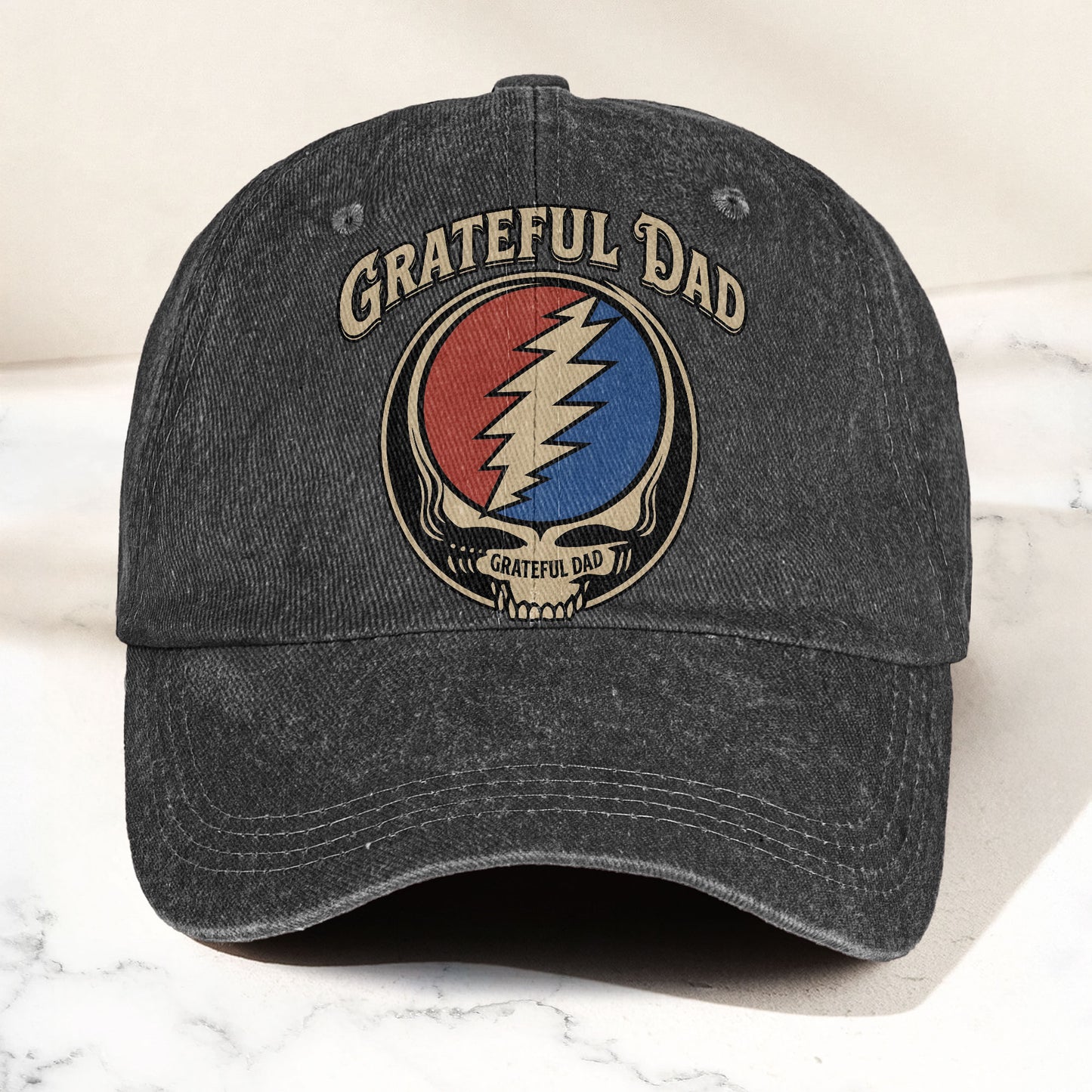 Grateful Dead Grateful Dad Steal Your Face Lightning Skull Denim Cap – Retro Vintage Dad Cap Gift For Dad (With Box)