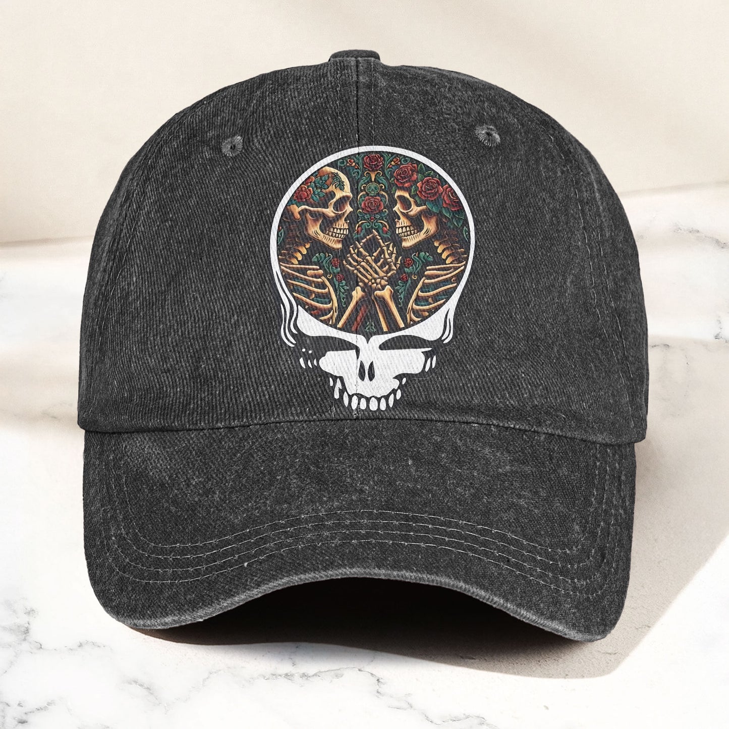 Grateful Dead Lovers Skeletons Steal Your Face Music Merch Denim Cap – Retro Vintage Dad Cap Gift For Dad (With Box)