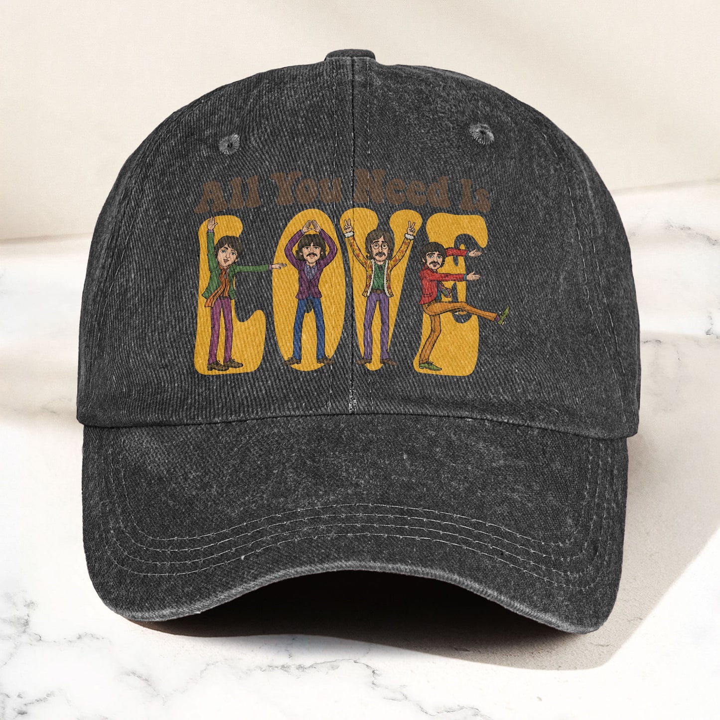 The Beatles All You Need Is Love Cartoon Graphic Music Merch Denim Cap – Retro Vintage Dad Cap Gift For Dad (With Box)